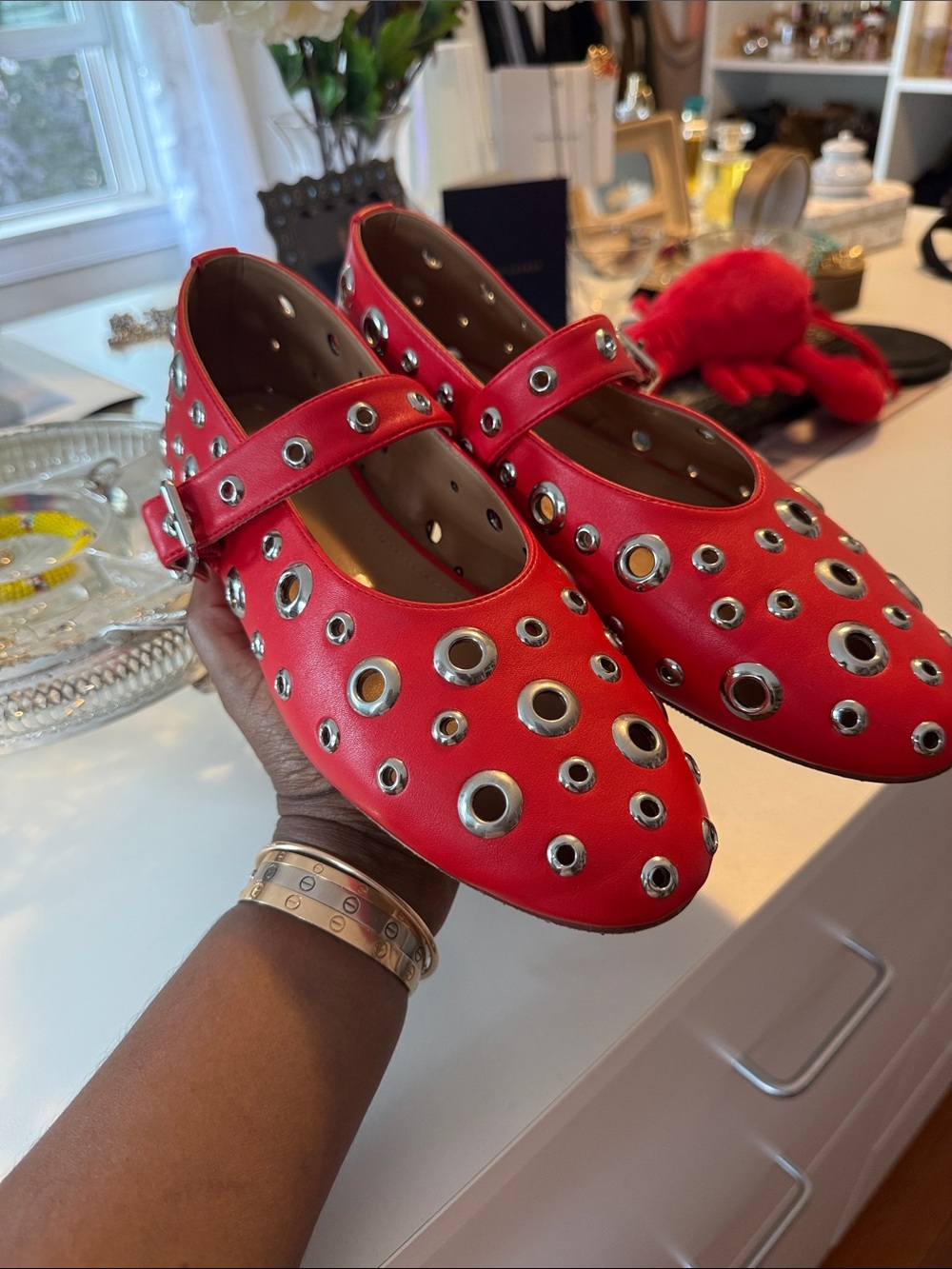 Red Mary Jane Flats with Silver Eyelet Detail